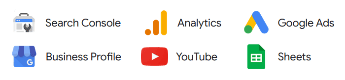 Продукти на Google: Лога на Search Console, Analytics, Ads, Business Profile, YouTube, Sheets